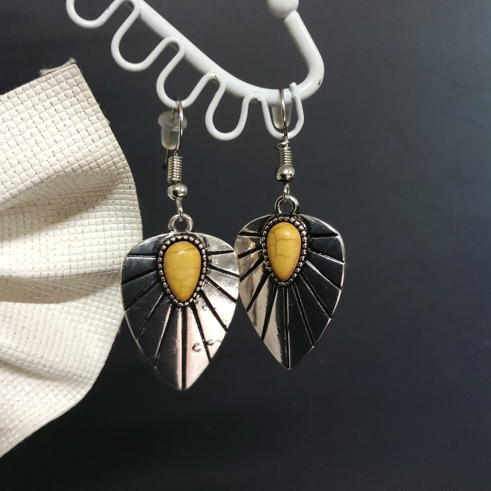 Leaf Shape Earrings With Yellow Stone in Center